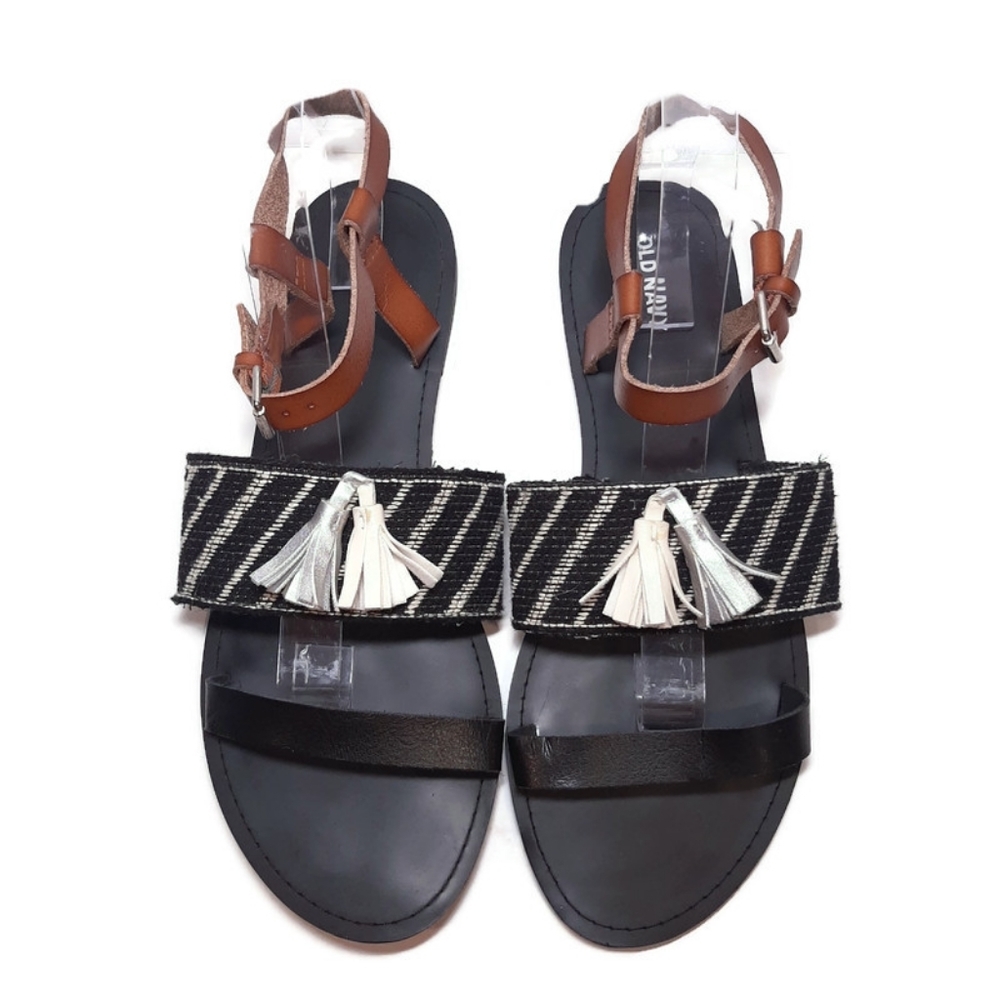 Old Navy Woven Tribal Tasseled Faux Leather Sandals Flats Shoes Black